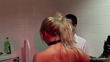 Two horny guys get to bang a blonde cutie in the bathroom